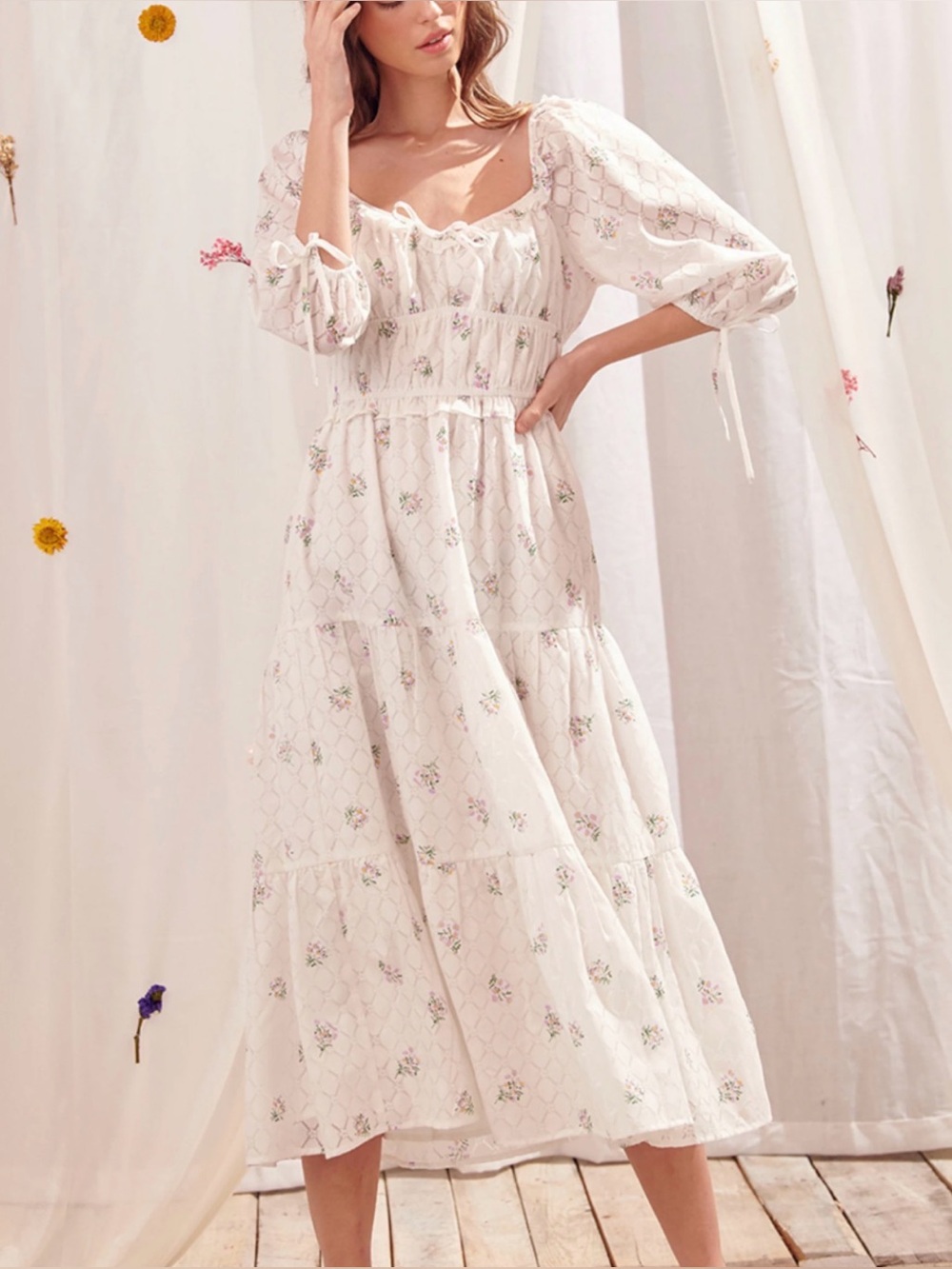NWT Storia White Delicate Floral Midi Peasant Dress Puff Sleeves Sz M